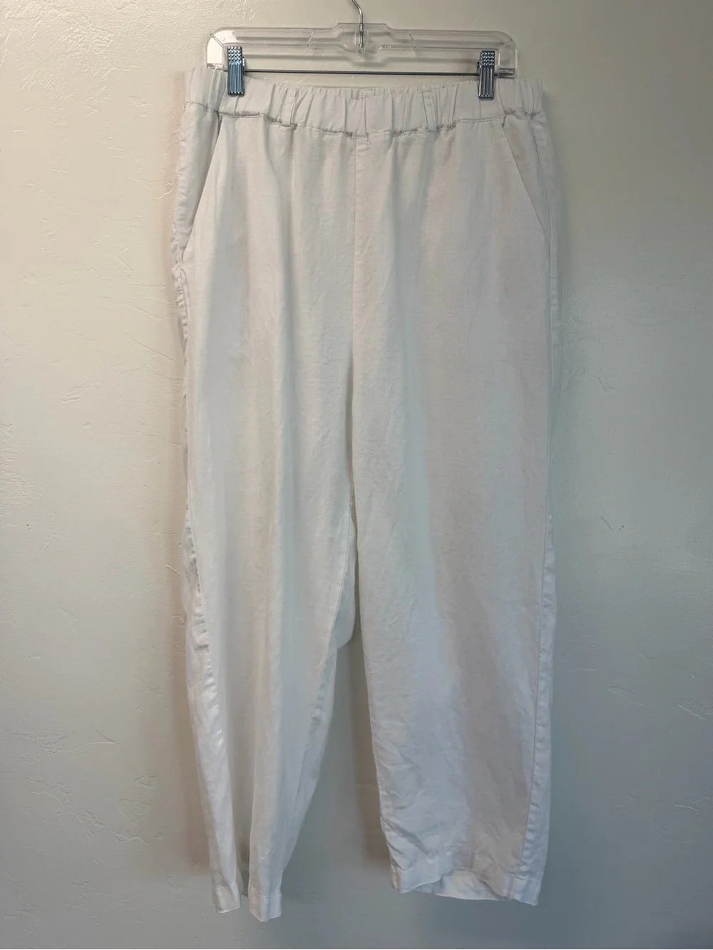 Quince 100% European Linen White Elastic-Waist Slim Crop Pants Size L